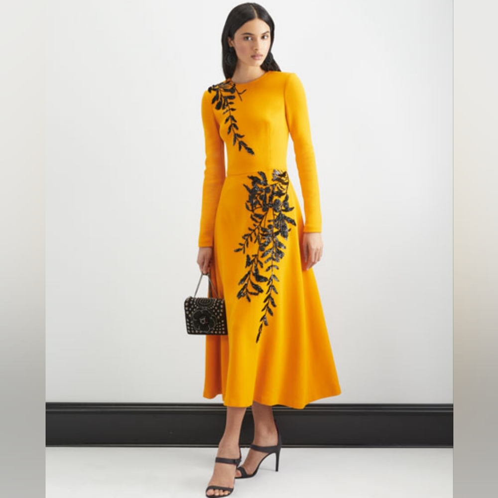 $6,990 NEW OSCAR DE LA RENTA ORANGE BEAD EMBROID MIDI RUNW DRESS US 8